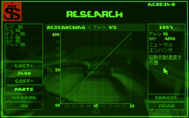 Syndicate (PC-98) screenshot: Research menu