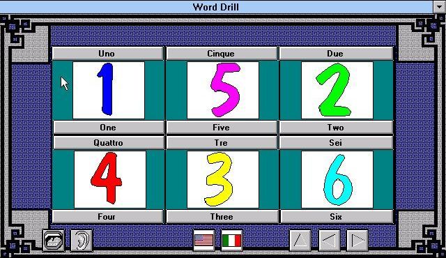 EZ Language: Italian (Windows 3.x) screenshot: Word Drill: Clicking on the picture tile or either the Italian or American captions will trigger the sound clip. The Mouth and Ear icons in the lower left are used for record and playback