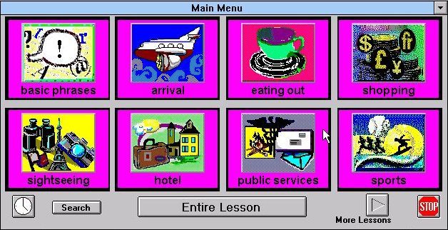 EZ Language: Italian (Windows 3.x) screenshot: The main menu.<br>Clicking on the 'More Lessons' button brings up a second set of lesson tiles. <br>The clock sets a recording timer<br>Entire Lesson can be changed to 'Nouns Only' etc