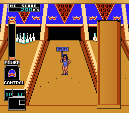 Championship Bowling (NES) screenshot: In two-player mode a model comes out to indicate the current player. Strangely, this only happens on the first and last frames.