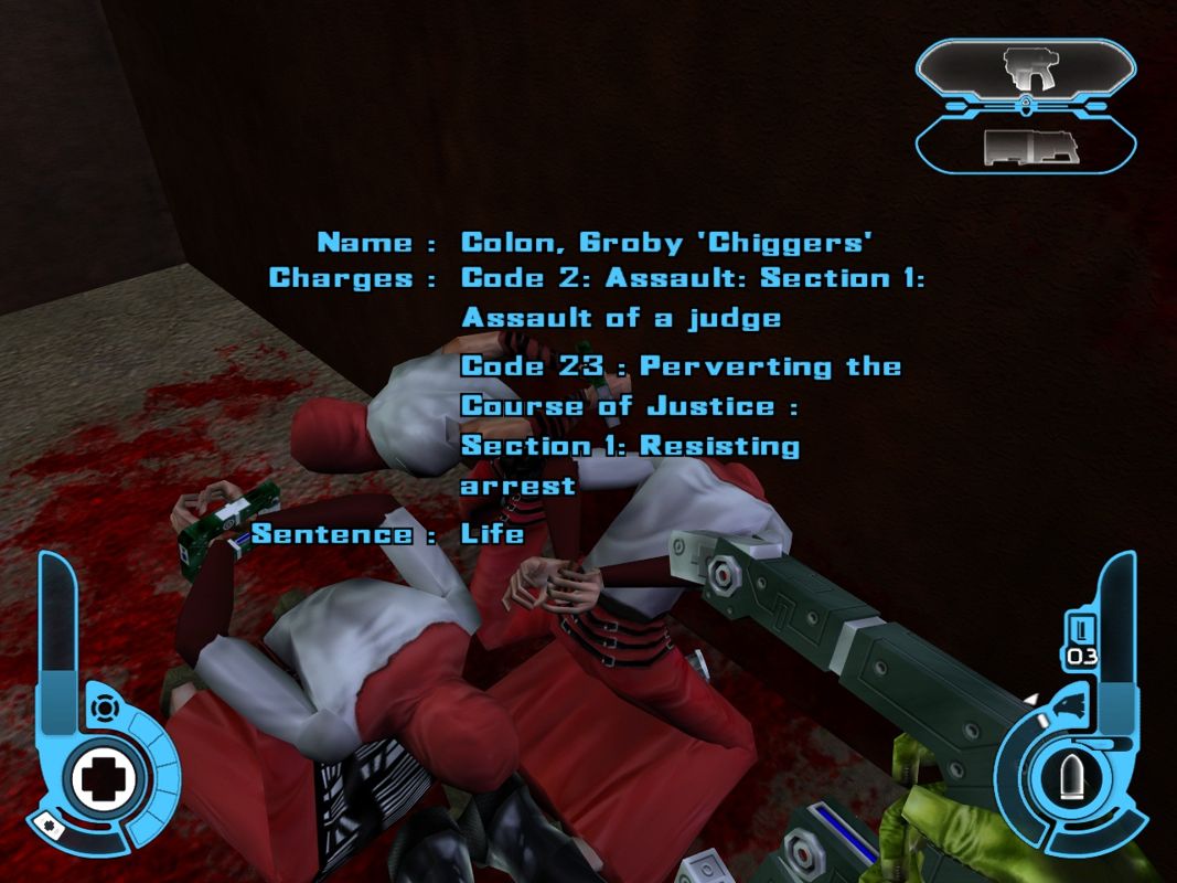 Judge Dredd: Dredd vs Death (Windows) screenshot: Arresting someone brings up an amusing list of charges.