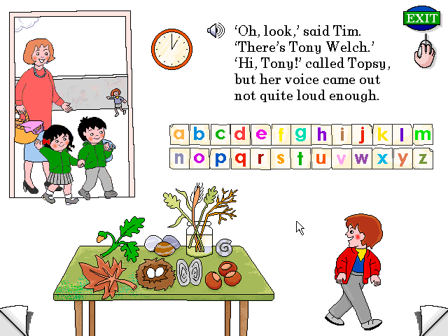 Topsy and Tim Go to School (Windows 3.x) screenshot: Here the twins have arrived at the school. In this scene items on the table can be clicked on to see an animation