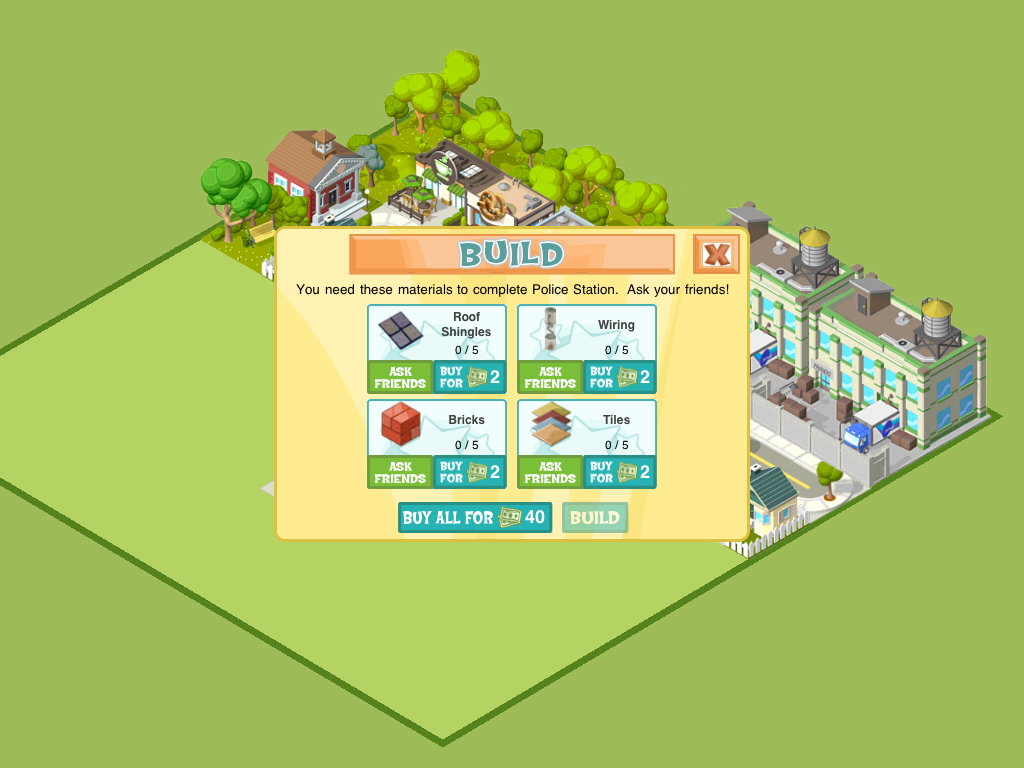 City Story (iPad) screenshot: You use materials to construct buildings
