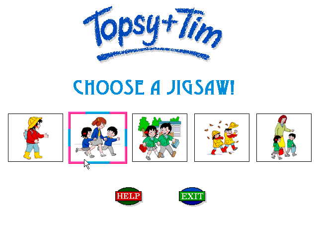 Topsy and Tim Go to School (Windows 3.x) screenshot: The Jigsaw Game: The picture selection screen