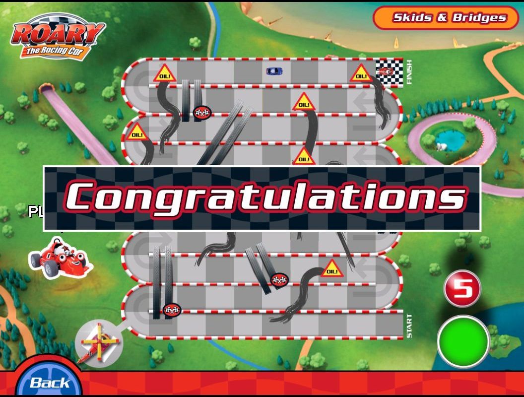 Roary The Racing Car: Pitstop Puzzles (Windows) screenshot: Skids & Bridges: Game over. The game keeps no records of who has won