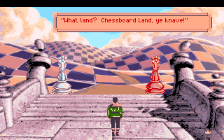 King's Quest VI: Heir Today, Gone Tomorrow (Amiga) screenshot: Two knights guard Chessboard Land.