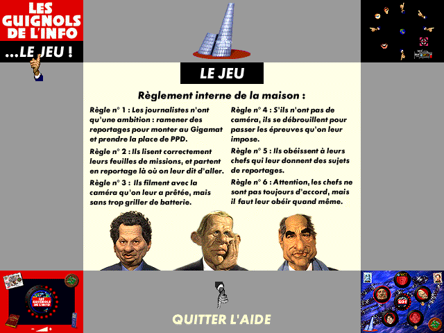 Les Guignols de l'info...Le Jeu ! (Windows 3.x) screenshot: In-game Help (in French)