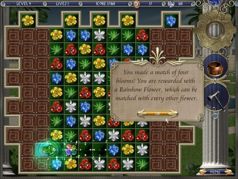 Babylonia (Windows) screenshot: A four bloom match creates a rainbow flower. Rainbow flowers can be matched with any two of the same blooms.