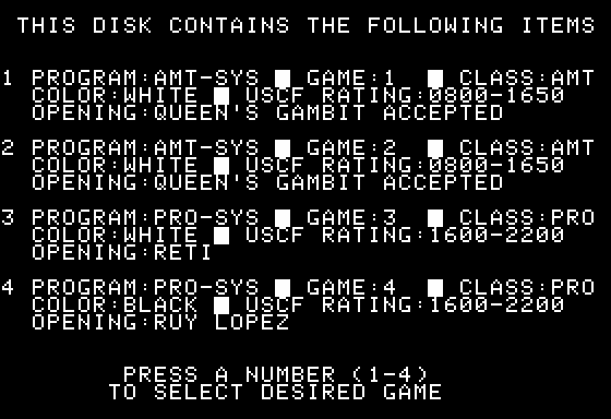 Cyberchess (Apple II) screenshot: Game Selection