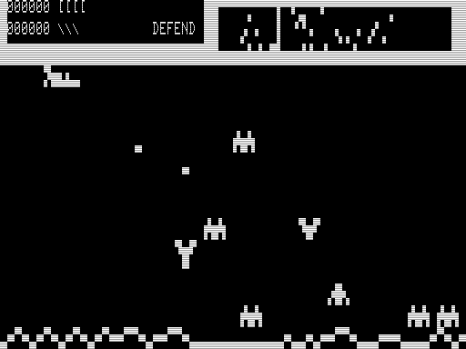 Defend (TRS-80) screenshot: Destroying Alien Creatures