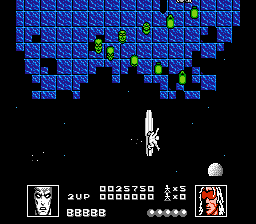 Silver Surfer (NES) screenshot: Attacking a swarm of green dots.