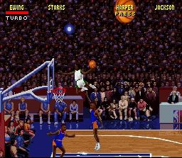 NBA Jam (SNES) screenshot: Harper catches some air