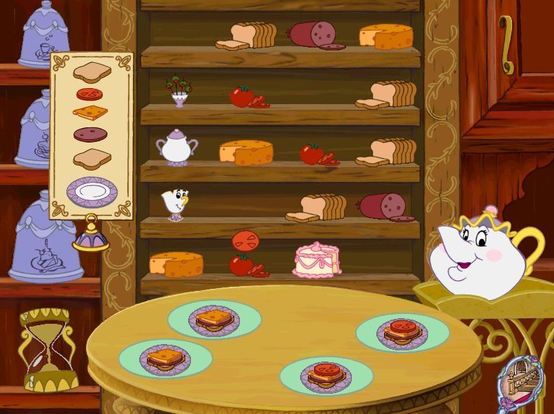 Disney's Beauty and the Beast: Magical Ballroom (Windows) screenshot: Mrs Potts' Teatime Table, level two. Here the player must construct four sandwiches before the timer expires.