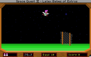 Space Quest IV: Roger Wilco and the Time Rippers (DOS) screenshot: Playing Mrs. Astro Chicken