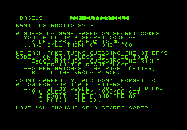 Bagels (Commodore PET/CBM) screenshot: Title screen with instructions
