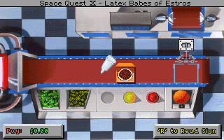 Space Quest IV: Roger Wilco and the Time Rippers (DOS) screenshot: Minigame: part-time job at a fast food restaurant! Making burgers!..
