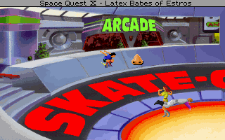 Space Quest IV: Roger Wilco and the Time Rippers (DOS) screenshot: The shopping mall is undoubtedly one of the coolest locations in the entire series. Where else can you go zero-gravity skating?..
