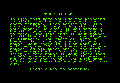 Bomber Attack (Commodore PET/CBM) screenshot: Instructions