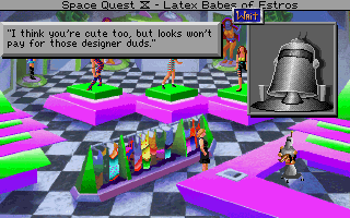 Space Quest IV: Roger Wilco and the Time Rippers (DOS) screenshot: Roger wears a woman's dress! The female robotic seller's response is priceless