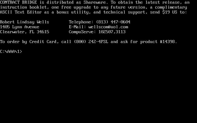 Contract Bridge (DOS) screenshot: This is distributed as shareware so on exit there's a reminder to pay up