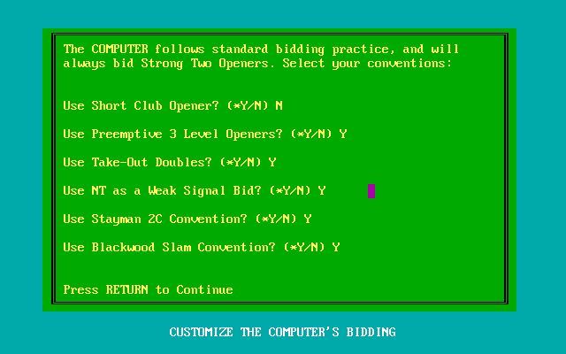 Contract Bridge (DOS) screenshot: There's an option on the main menu to customise the bidding conventions used