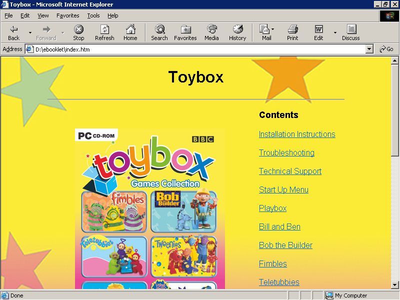 Toybox Games Collection (Windows) screenshot: There is an e-booklet option on the main menu. This opens the games manual in a vertically scrolling window.