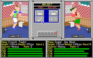 4-D Boxing (DOS) screenshot: The in-game demo option. On this screen the player selects two opponents that will fight each other - the computer plays for both boxers