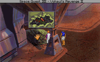 Space Quest IV: Roger Wilco and the Time Rippers (DOS) screenshot: Exploring the hostile, atmospheric, post-apocalyptic Xenon in Space Quest XII. A close-up on the interior of the tank