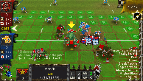 Blood Bowl (PSP) screenshot: Movement options through the green squares for the selected player.