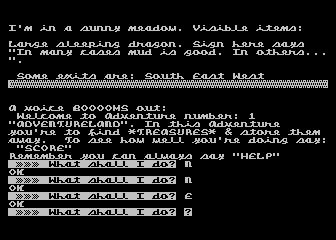 Adventureland (Atari 8-bit) screenshot: I have gone to a sunny meadow. There is a sleeping dragon here.