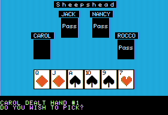 Sheepshead (Apple II) screenshot: Serving a Hand