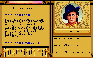 Ultima: Worlds of Adventure 2 - Martian Dreams (DOS) screenshot: Looks like you'll have to be smoother with this female cowboy next time, Avatar...
