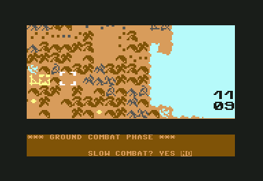 Gulf Strike (Commodore 64) screenshot: Second Ground Combat Phase then turn is returned to player for status, move, and placement (cycle repeats)
