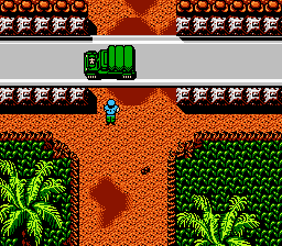 Guerrilla War (NES) screenshot: The first boss battle - a car. Soon soldiers will jump out of it