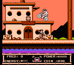 The Flintstones: The Rescue of Dino & Hoppy (NES) screenshot: Watch out for these nasty bike cavemen!