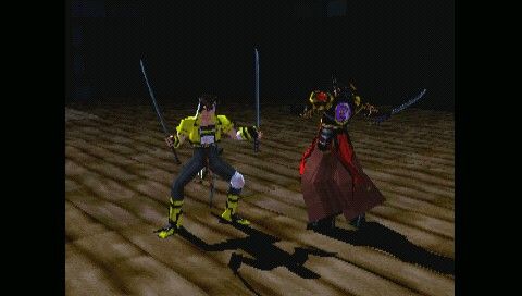 Bushido Blade 2 (PSP) screenshot: Tatsumi standing in two-sword stance in a fight vs. the Shainto Leader
