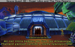 Space Quest IV: Roger Wilco and the Time Rippers (DOS) screenshot: Intro. Roger is relaxing in a bar while a little alien is puking outside. Everything seems to be completely normal