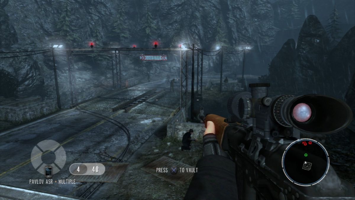 GoldenEye 007: Reloaded (PlayStation 3) screenshot: Sniping down enemy reinforcements