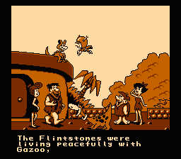 The Flintstones: The Rescue of Dino & Hoppy (NES) screenshot: The Flintstones and the Rubbles, enjoying prehistoric life