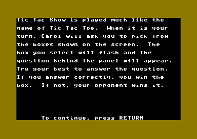 Tic Tac Show (Commodore 64) screenshot: Instructions