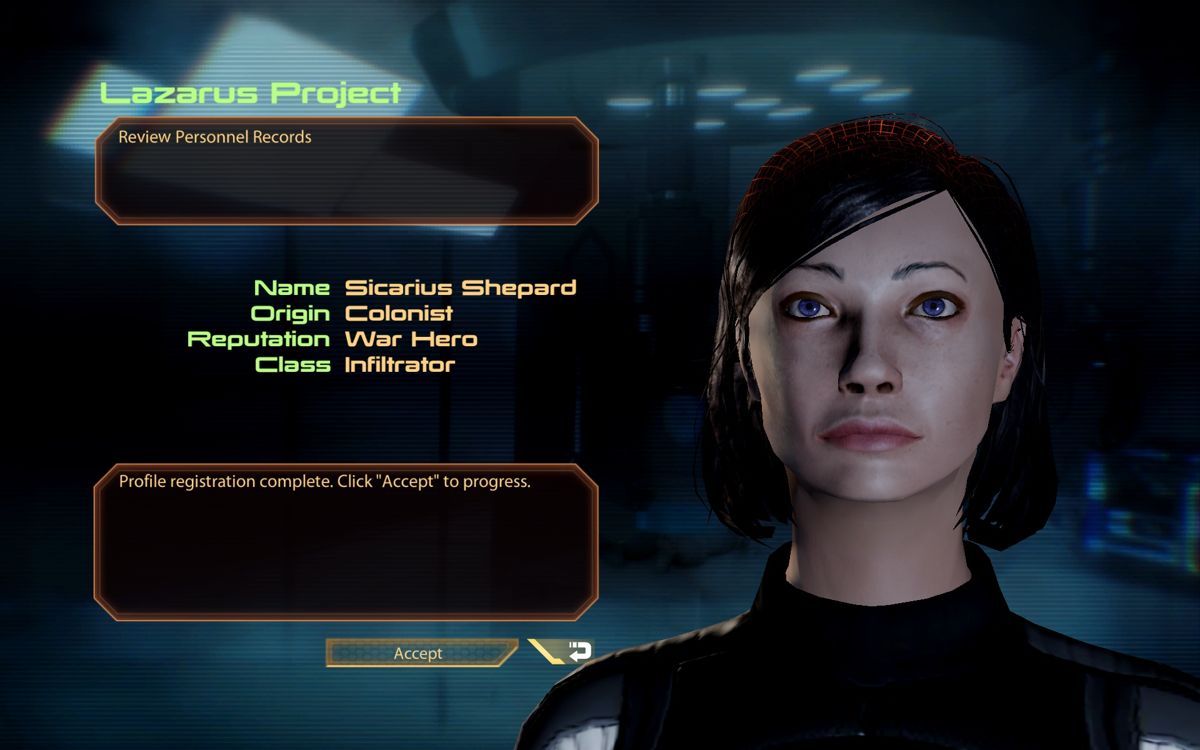 Mass Effect 2 (Windows) screenshot: Meet Sicarius Shepard - perhaps you remember her from the screenshots in the Mass-Effect-entry.