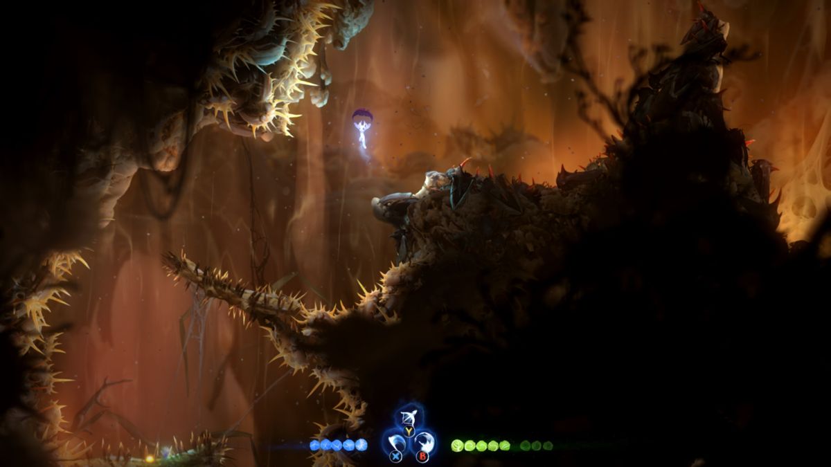 Ori and the Will of the Wisps (Windows) screenshot: You can gently float in the air or use powerful gusts of wind to reach higher parts.