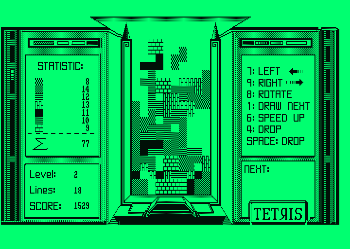 Tetris (Amstrad PCW) screenshot: This is not looking good