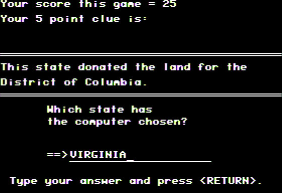 Medalist Series: States (Apple II) screenshot: Virginia Seemed like a Good Guess
