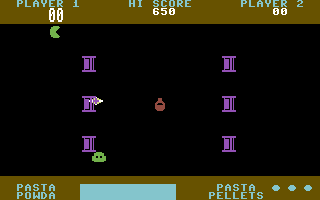 Pasta Wars: Pasta Blasta (Commodore 64) screenshot: Protect the ravioli tins