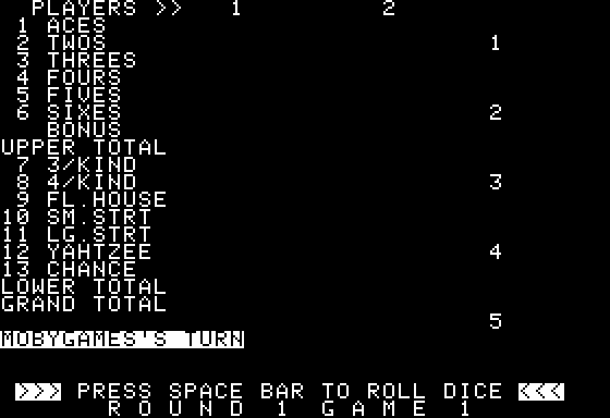 Yahtzee (Apple II) screenshot: Preparing my First Roll