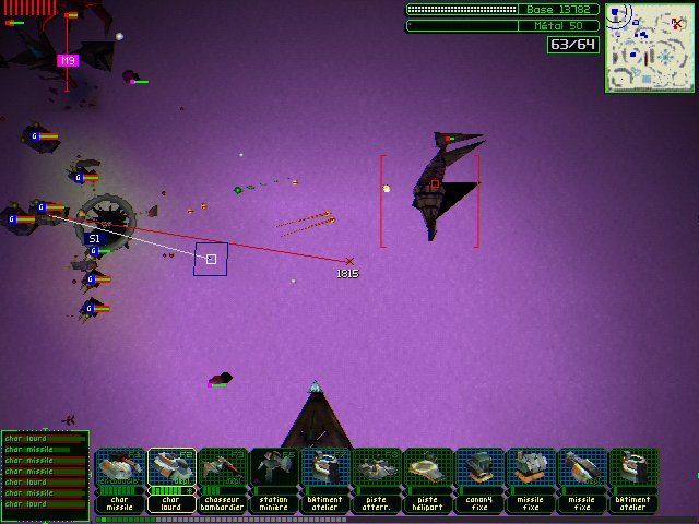 Armor Command (Windows) screenshot: Shielded units attacking a dangerous missile tower.