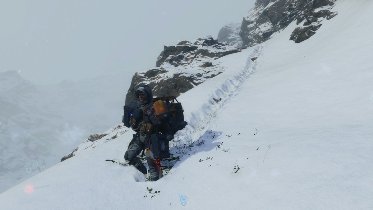 Death Stranding (PlayStation 4) screenshot: Snowy mountains seriously decrease the traversal speed