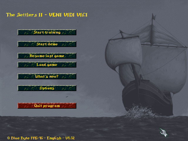 The Settlers II: Veni, Vidi, Vici (Demo Version) (DOS) screenshot: Main menu screen.