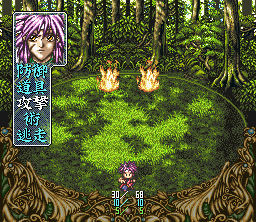 Bakumatsu Kōrinden: Oni (SNES) screenshot: Fighting some fire thingies in a forest